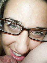 Sexy girl glasses facial and finger fucking herself