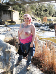 BBW flashing her pierced tattooed nipples in public