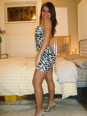 Hawt tanned brunette hair wife saucy pics discharged in the bedroom
