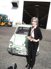 Theresa Having some Flashing Joy at Car museum