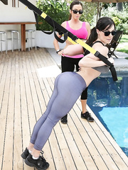 Sexy babes in yoga panties and sport bras entice vigour hidden voyeur into three-some