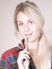 Legal Age Teenager non-professional Alecia Fox slides off yoga panties to display unshaved bush