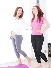 Amenable fitness lesbo beauties in yoga panties licking naked wazoo at the gym