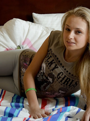 Juvenile blond beauty removes leggings and pants in advance of fucking in her socks