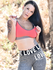 Aged mother I'd like to fuck takes off sports brassiere in woods in advance of masturbating at home