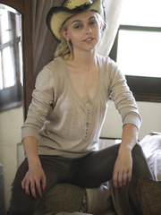 Hawt cowgirl in yoga panties Chloe Toy lifts her shirt to show her diminutive meatballs