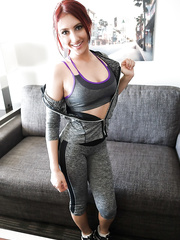 Large tit redhead Addison Ryder stripping off taut fitting yoga panties