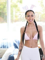 Solo gal Amia Miley doffs white yoga panties whilst flaunting her large milk sacks