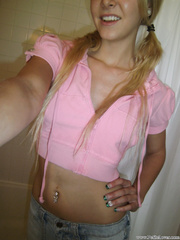 Tiny blond dilettante Elle flaunts her petite legal age teenager mounds & flashes shaved snatch