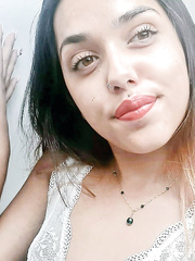 Fascinating juvenile dark brown bitch Esperanza positions topless for hard teats selfie