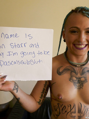 Tattooed dilettante Orion Starr fingers her cum-hole in boots on a ottoman