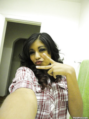 Breasty Latin Chick legal age teenager Ruby Reyes widening her constricted cookie after shower