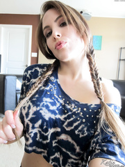 Pigtail adorned non-professional Katie Banks takes selfies during the time that playing with sex toys