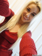 Sexy golden-haired legal age teenager Stevie Shae takes selfies of her firm billibongs in the mirror