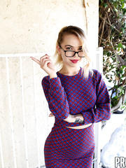 Redhead dilettante Alina West seduces her chap with no panty upskirt in glasses