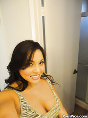 Brunette Hair playgirl Adriana Luna taking stripped selfies in mirror whilst undressing