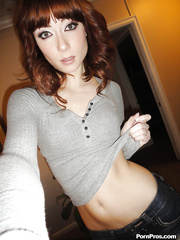 Slim redhead ex-girlfriend Zoe Voss taking selfies during the time that taking off garments