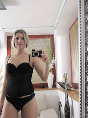 Golden-Haired hottie in underware Bianca Ferrero stripping in front of the mirror