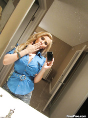 Breasty golden-haired Madison Ivy taking mirror selfies whilst removing beast print brassiere
