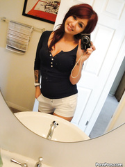 Juvenile redhead beauty Madelyn Manroe taking undressed selfies in mirror