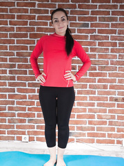 Older looking Di Devi bows over undressed to show closeup rectal hole and hirsute love tunnel