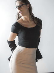 Glasses topped brunette hair sweetheart Anna Morna taking upskirt self discharged in office