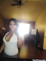 Sultry Lalin Girl female Adriana Luna snapping selfies of her large natural love bubbles