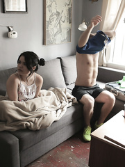 Darksome haired legal age teenager Yhivi exposing curly fur pie and arsehole in socks