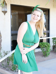 Wicked golden-haired cutie wears a arse plug during the time that exposing herself outside her condo
