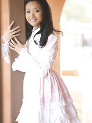 Oriental cutie Alina Li in white lace costume acquires petite titties cum overspread