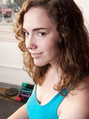 Cute fitness freak flashes good milk sacks & drops yoga panties to show shaggy wet crack