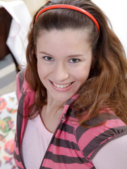 Appealing legal age teenager groans with fun whilst being gangbanged by a large knob