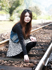 Sassy Oriental Sakurako stripping by the river to flaunt miniature scoops & unshaved twat