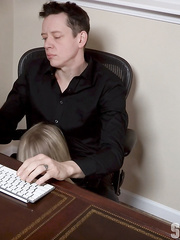 Blond secretary Riley Reyes plays S&M games with her boss in the office