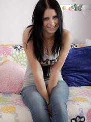 Youthful brunette hair leak jism from her cookie after being drilled on her couch