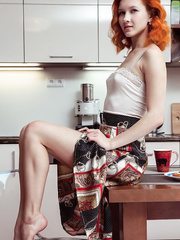 Natural redhead legal age teenager Ambre widening legs wide open for stripped upskirt