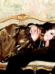 Stylish female Paige Turnah goes PTM in sheer stockings and lengthy gloves