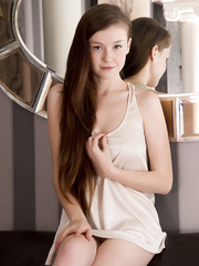 Juvenile dark brown Emily Bloom sheds satin underware to flaunt miniature arse & widen