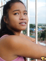 Enchanting juvenile Oriental legal age teenager Shakira on her knees for close up bushy slit pounding