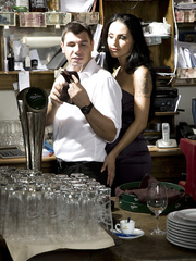 Hawt women do a double penetration with serving staff out on the restaurant floor