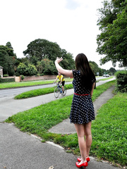 Old bitch in heels and tutu entices bicycle courier to take up with the tongue her aging arse