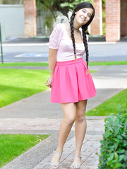 Comely beauty in pigtails bares her titties outdoors & goes home to toy her cum-hole