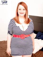 Plump redhead Christina Kline sticks her tongue out for cum after getting drilled