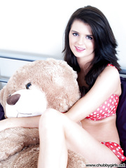 Dark Brown hottie lets go of her stuffed bear to expose her large natural wobblers