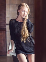 Erotic model Nancy A in socks & petticoat undressing to show hard nipps & arse