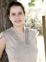 Cute juvenile Akito removes white cotton pants outdoors to widen shaggy beaver