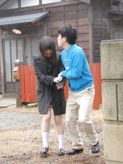 Japanese cutie Mai Shimizu holds her hands out for cream after engulfing weenie