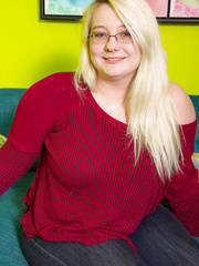 Blond fatty Crystal Lewis makes her in nature's garb modeling debut wearing glasses