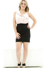 Blond solo model takes off her work clothing previous to engulfing her own toes