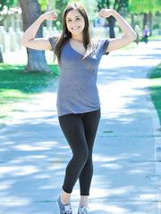 Beauty next door in yoga panties flashing good mounds in public park and on road